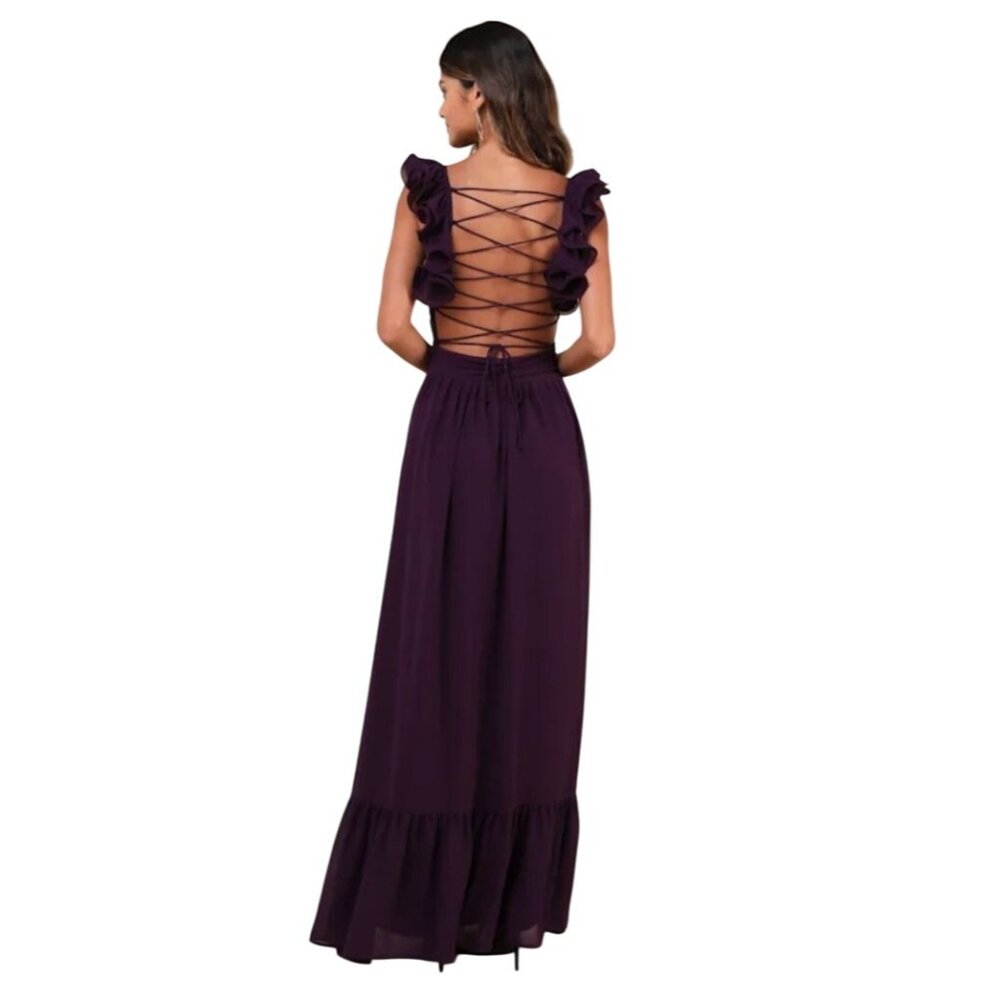 NEW Lulus Soiree Celebration Purple Ruffled‎ Lace-Up Maxi Dress, Size XS